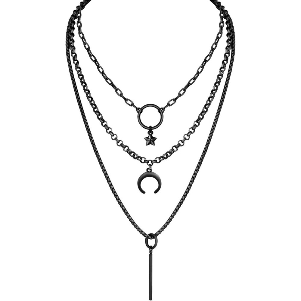 Layered Crescent Moon Star Bar Choker Necklace, Gothic Punk Grunge Emo Necklace,